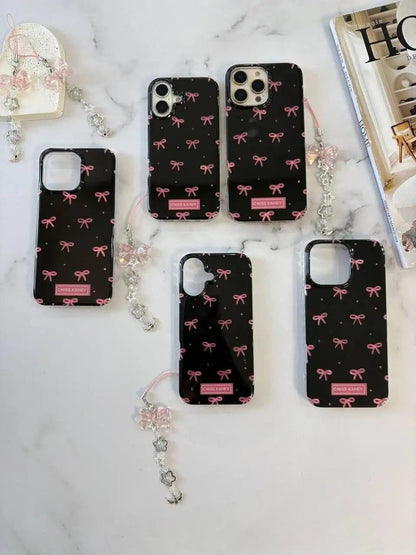 Black IMD Pink Ribbon Bow Tie Case With Chain