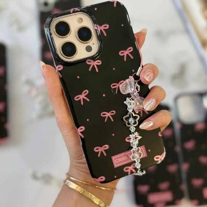 Black IMD Pink Ribbon Bow Tie Case With Chain