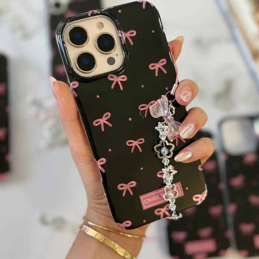 Black IMD Pink Ribbon Bow Tie Case With Chain