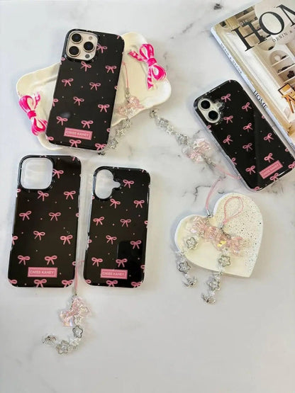 Black IMD Pink Ribbon Bow Tie Case With Chain